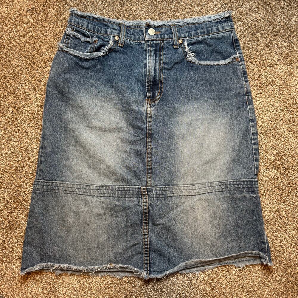 Vintage Paris Blues Size 7 Medium Wash Distressed Midi Skirt Casual Country 0002